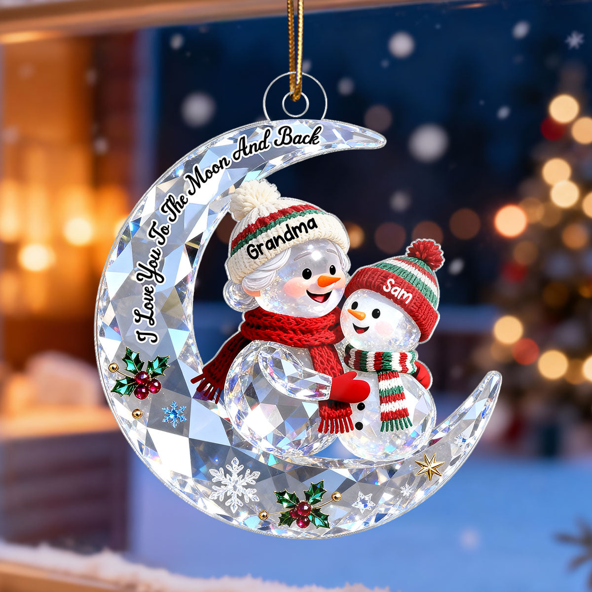 3D Shining Effect Grandma Grandkid Snowman On Moon - Personalized Acrylic Ornament - Heartwarming Gift For Granddaughter, Grandson