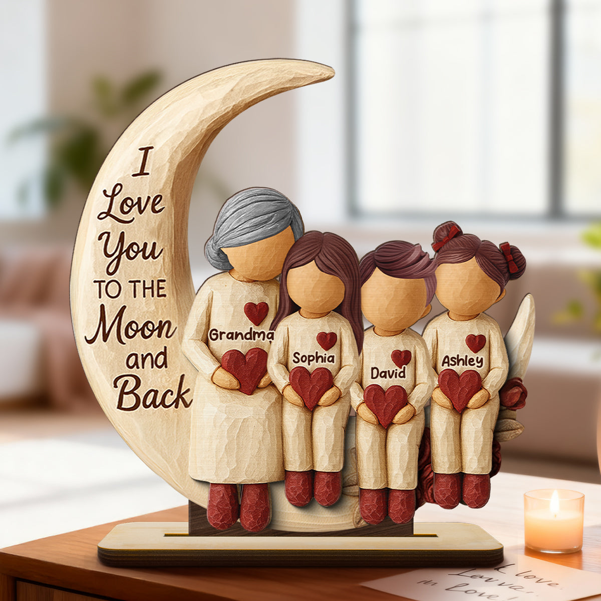 Grandma Grandkids on Moon - Personalized Standing Wooden Plaque - Nostalgia Rustic Home Decor for Grandma