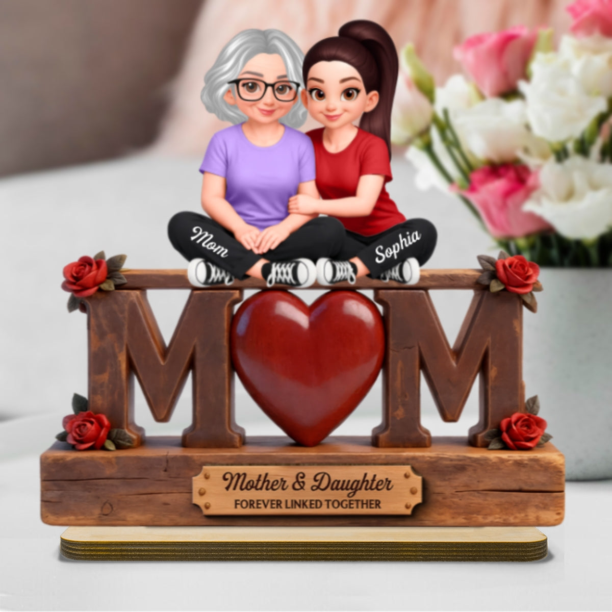 Rose MOM And Daughter Forever Linked Together - Personalized 2-Layered Wooden Plaque - Gift For Mom