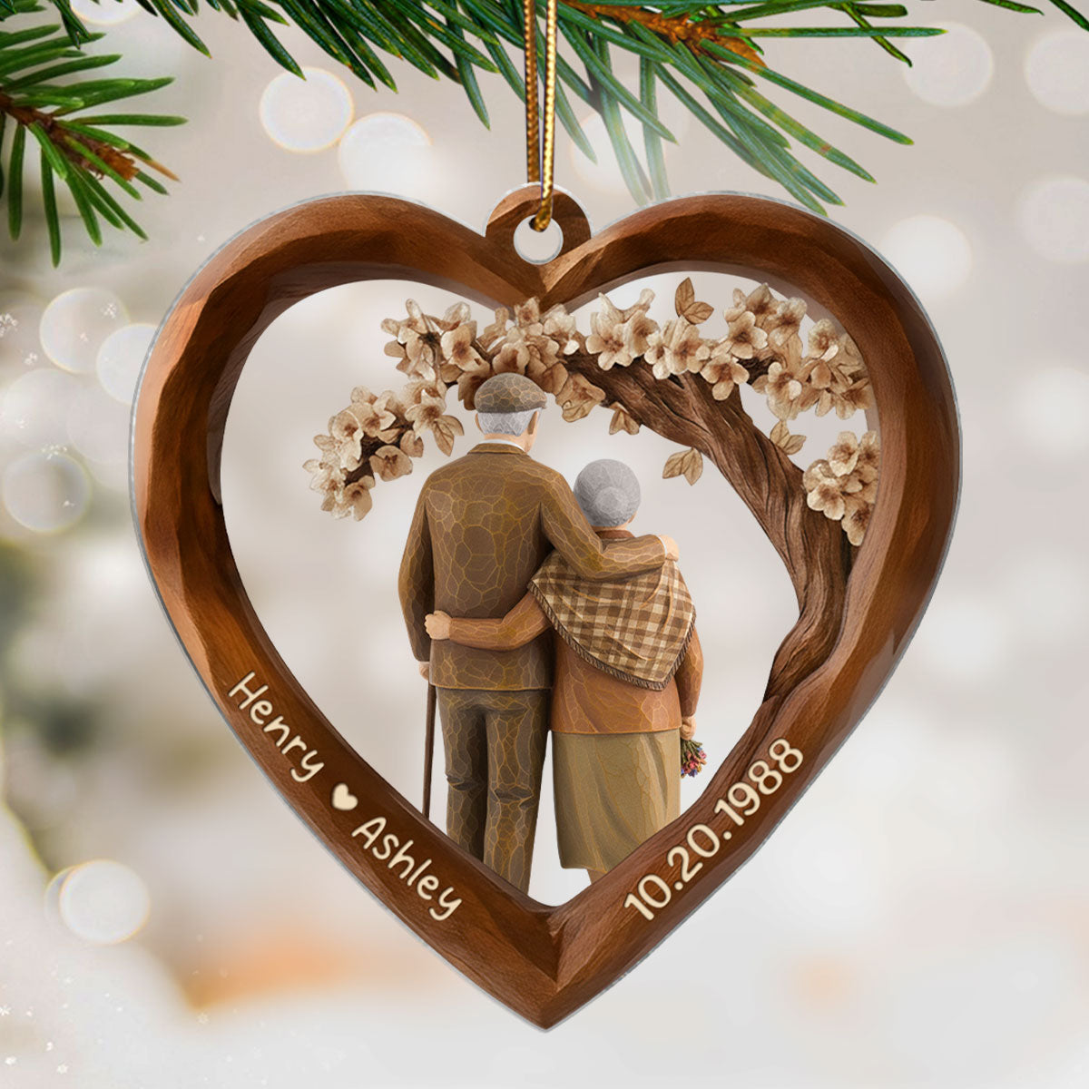 Old Couple Walking Together 3D Wooden Effect - Personalized Acrylic Ornament - Christmas Gift for Couples