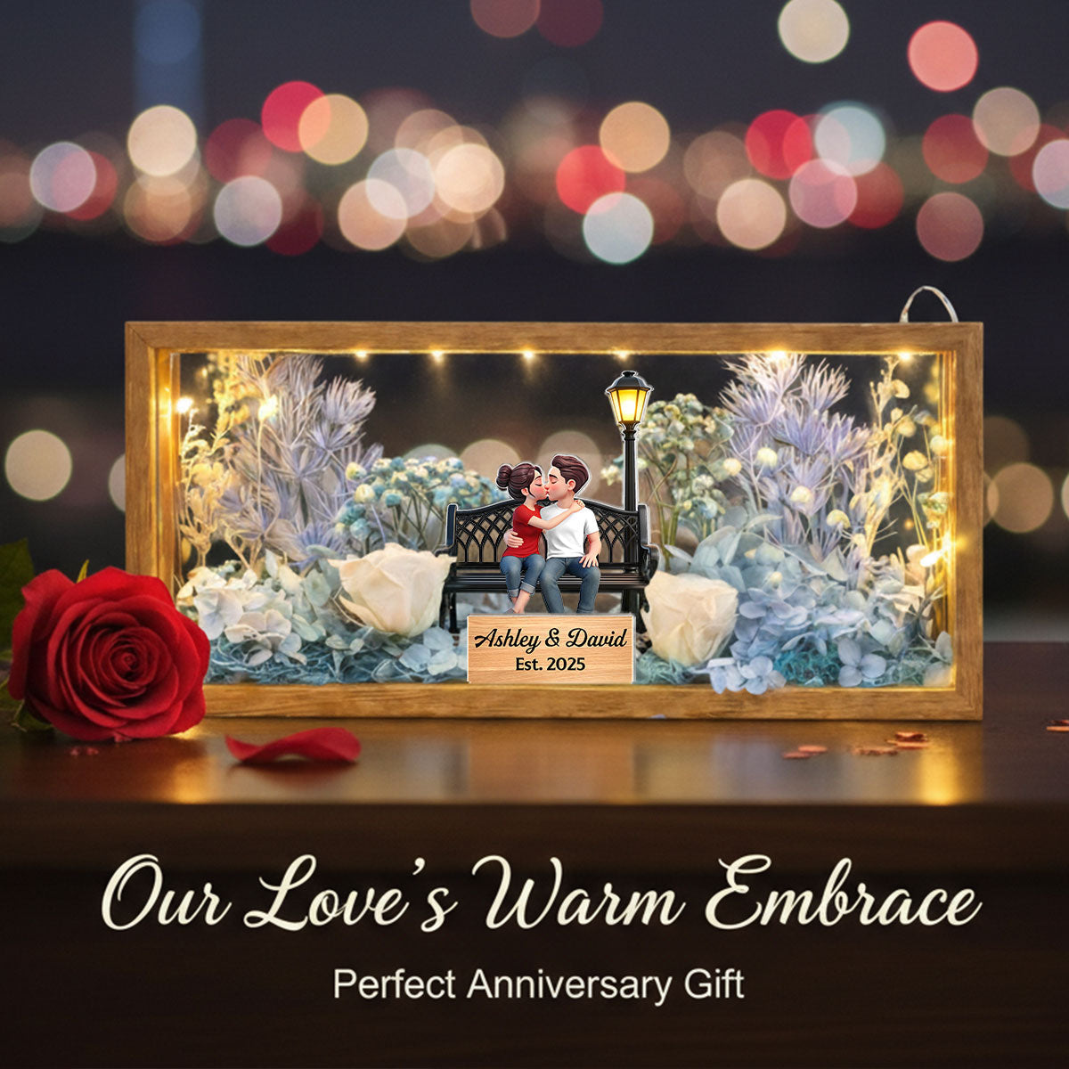 Eternal Love Couple Sitting Kissing - Personalized DIY Flower Shadow Box LED Night Light - Gift For Couple, For Him, For Her