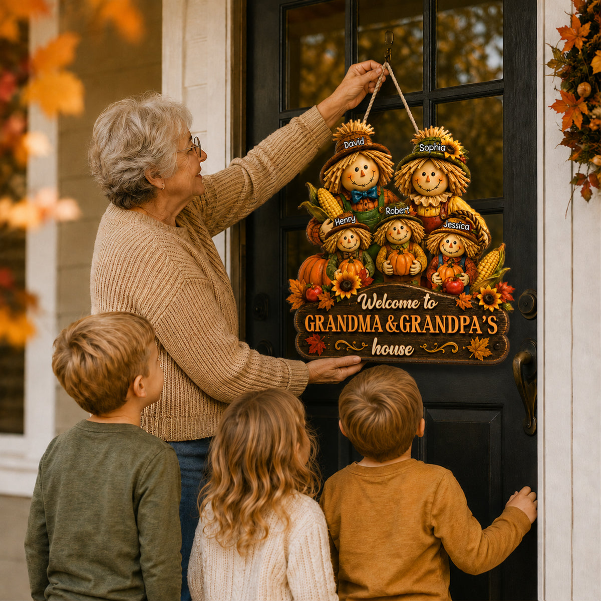 Welcome to Grandma Grandpa's House Scarecrow - Personalized Door Hanger - Fall Thanksgiving Decor