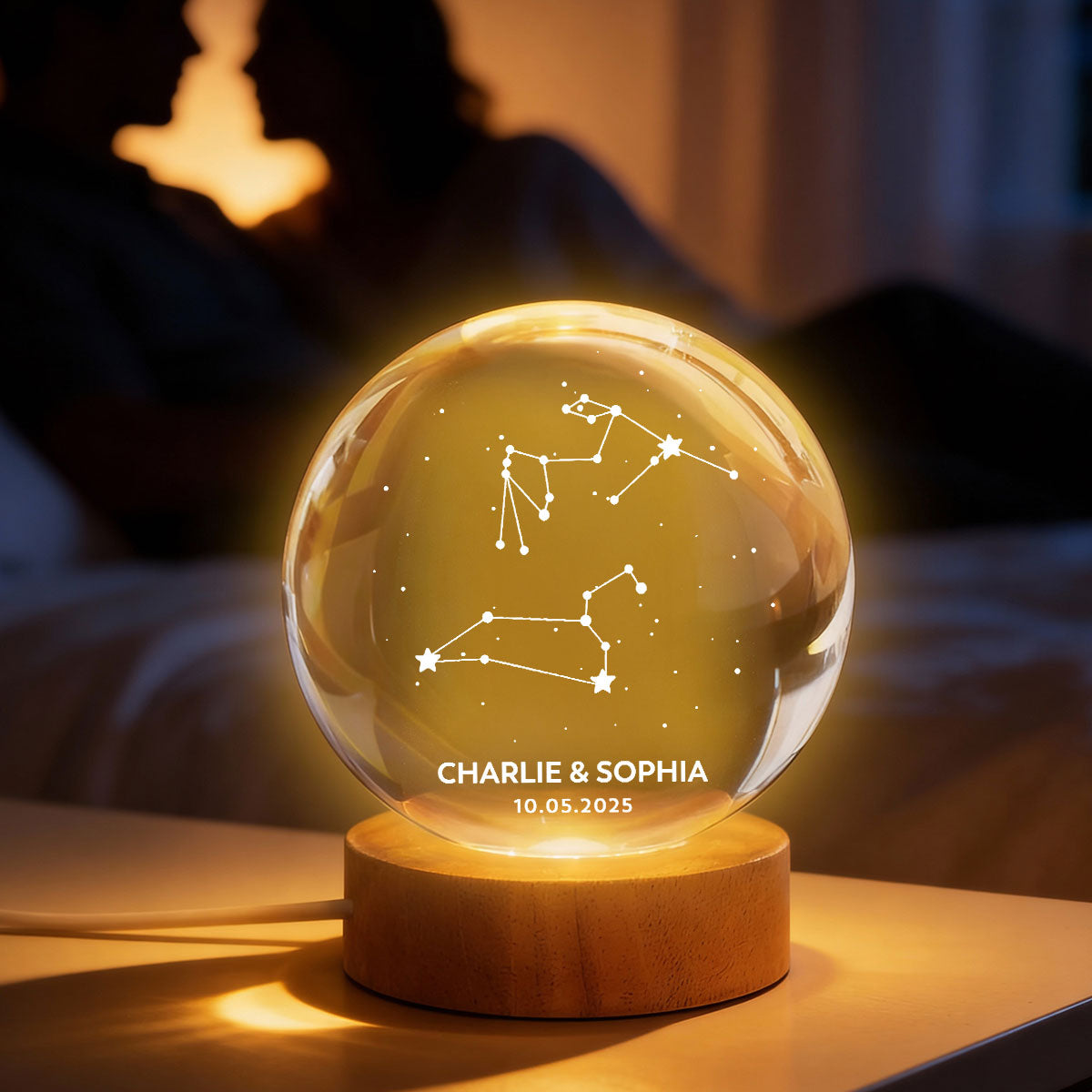 Couple Zodiac Constellation Astrology Star Sign Art - Personalized Crystal Ball LED Night Light - Gift For Couple