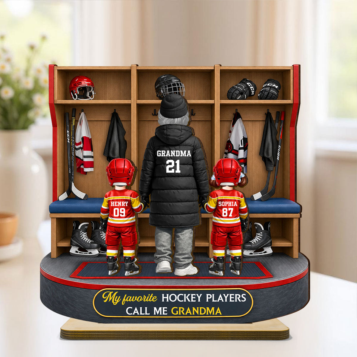 Hockey Grandma And Kids Locker Room - Personalized 2-Layered Wooden Plaque - Heartfelt Gift For Grandma
