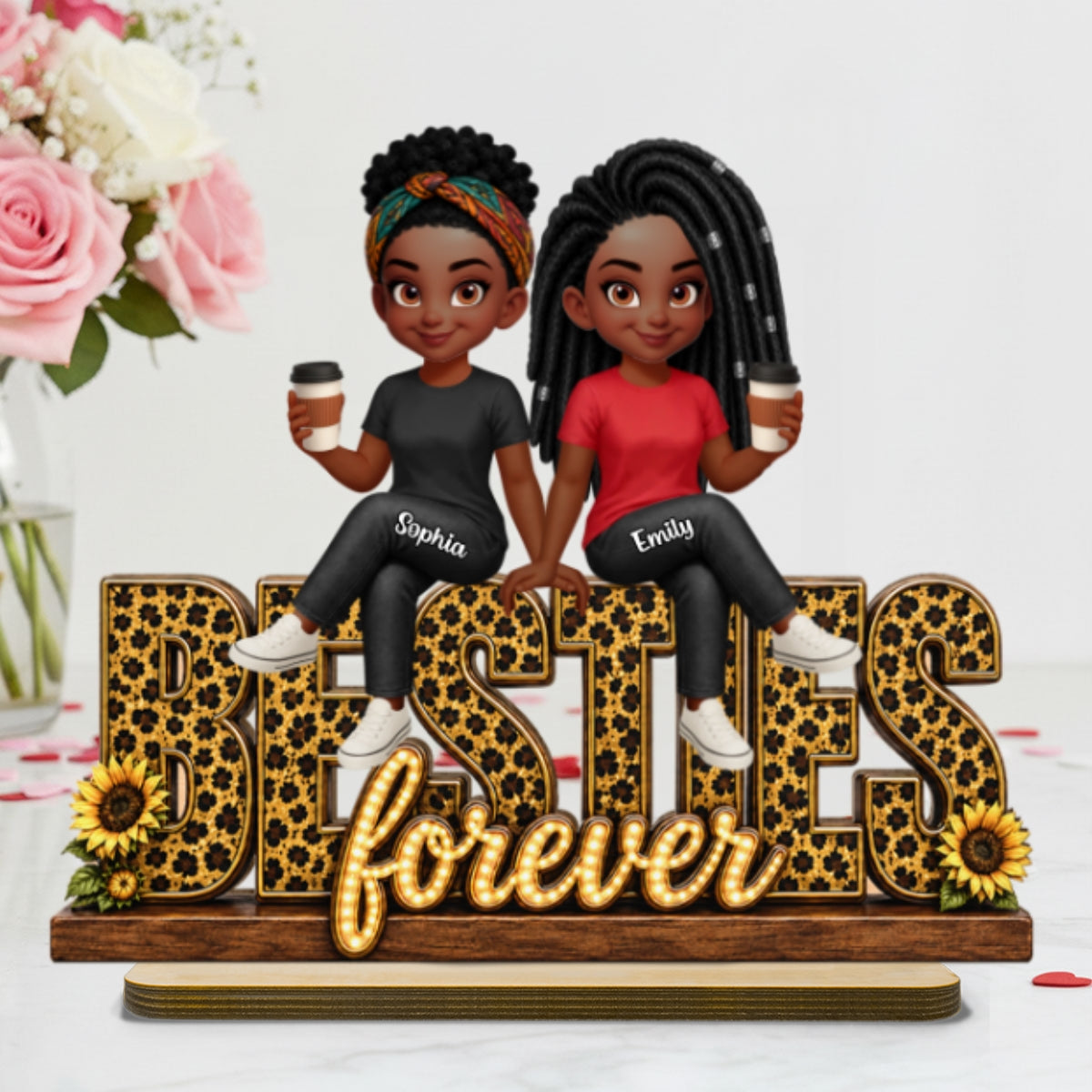 Leopard Style Besties Forever - Personalized 2-Layered Wooden Plaque - Birthday Gift, Gift For Best Friends