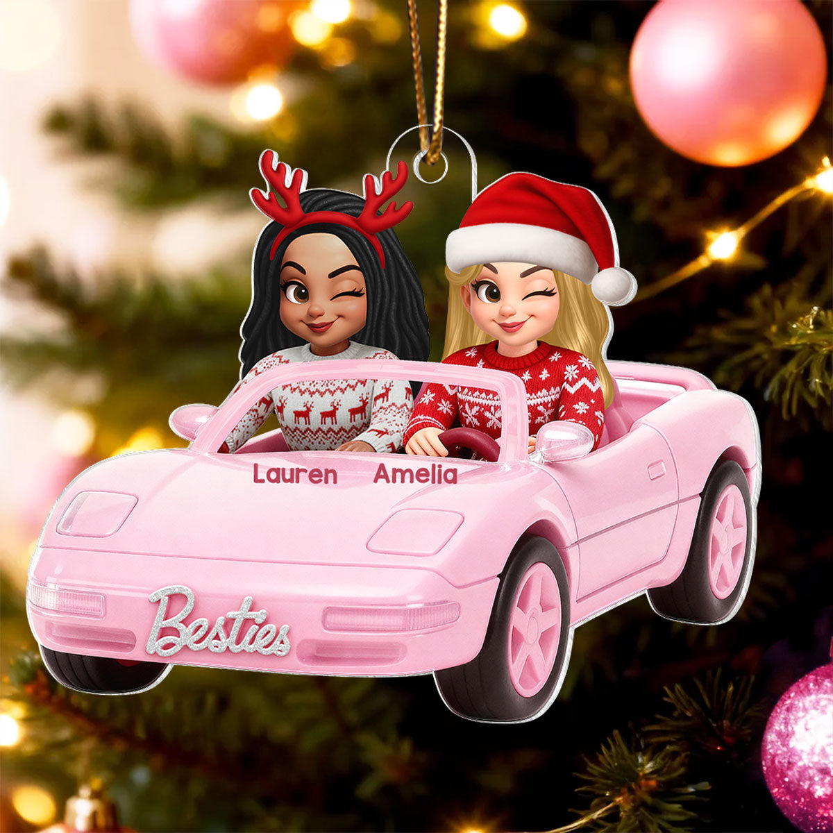 Doll Besties Driving Pink Car - Personalized Acrylic Ornament - Christmas Gift for Besties