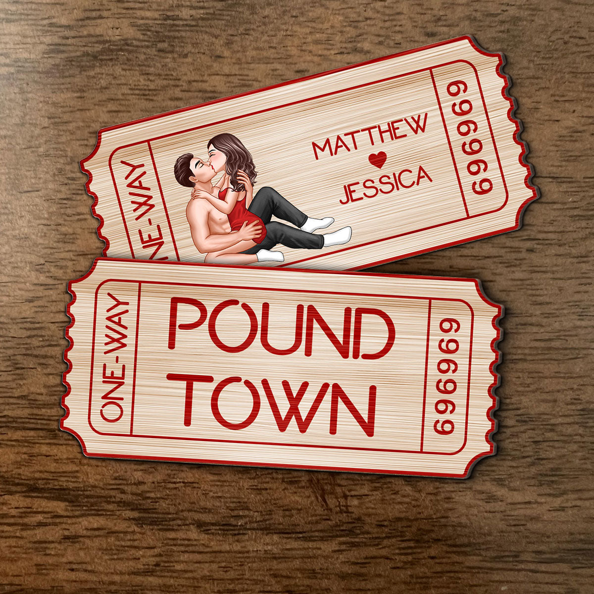 Funny Inappropriate Couple Pound Town Ticket - Personalized Wooden Ornament - Gift For Him, Gift For Her
