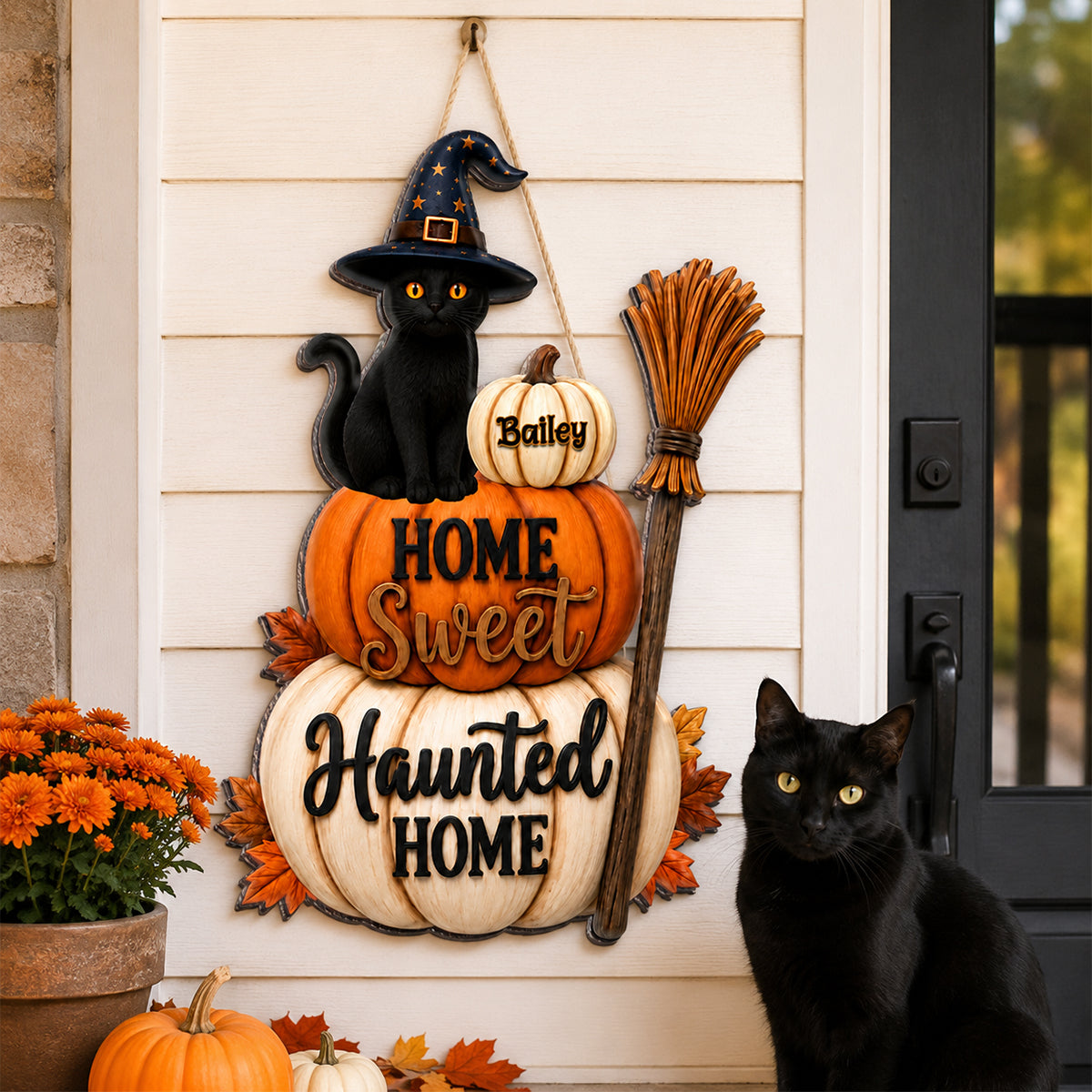 Home Sweet Haunted Home Cat - Personalized Wood Sign - Halloween Decor Gift, Gift For Cat Lovers