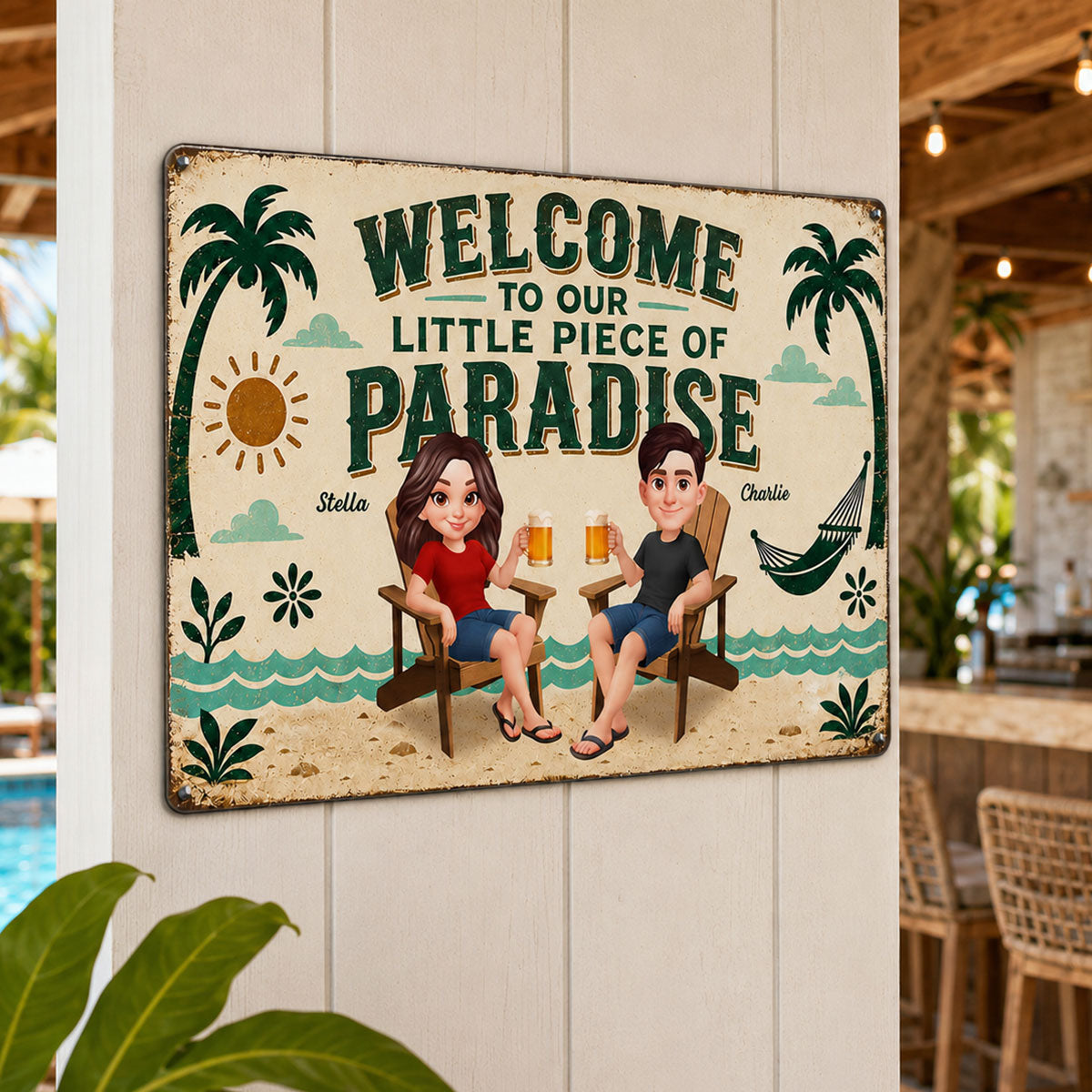 Couple Welcome To Our Little Piece Of Paradise - Personalized Metal Sign - Summer Pool Patio Decoration