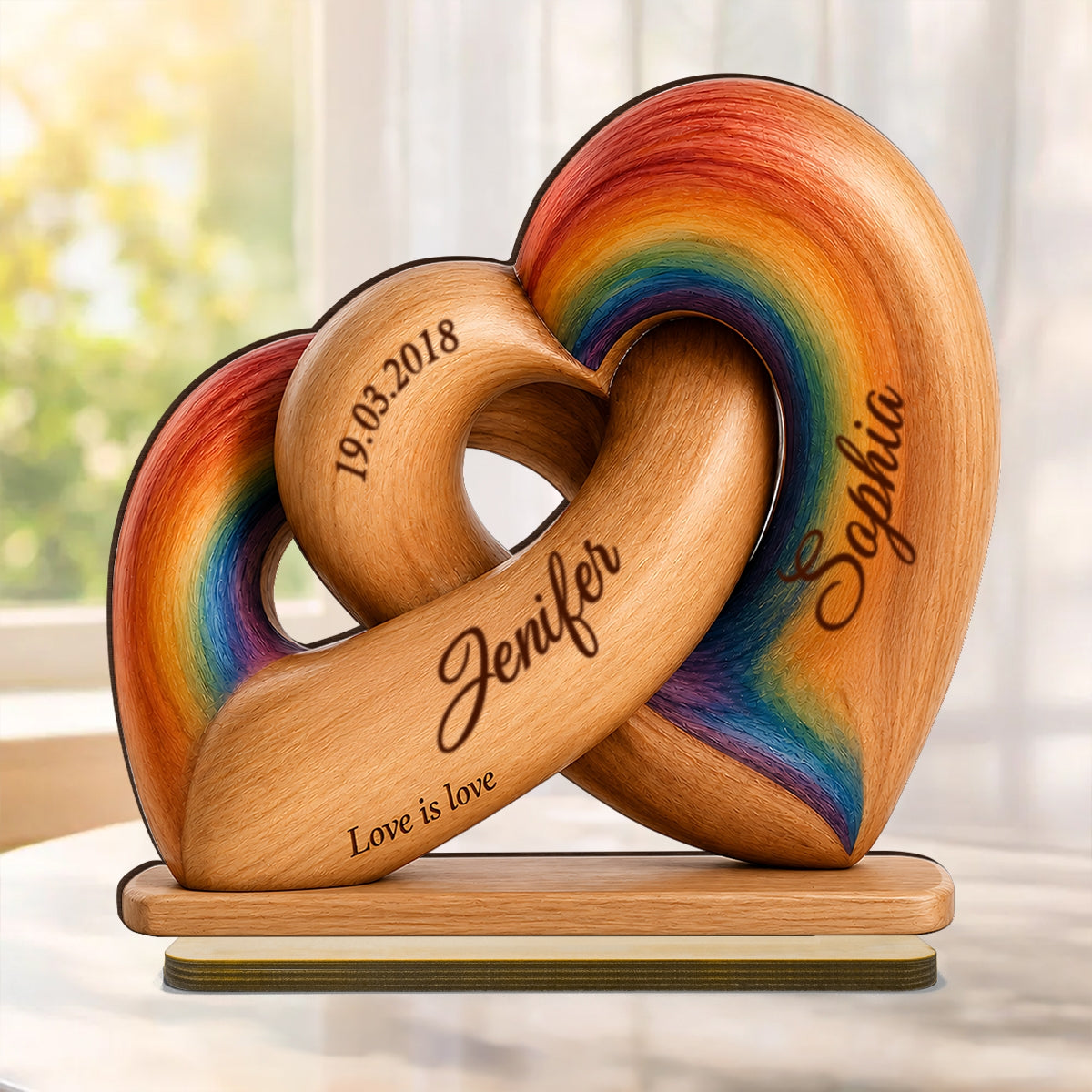 Interlocked Hearts Love is Love LGBT Couple - Personalized 2-Layered Wooden Plaque - Gift for Him, for Her