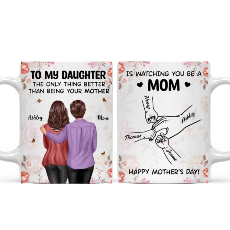 To My Daughter From Mom Hands Outline Floral Pink Tone - Personalized Mug - Mother's Day Gift For Daughter
