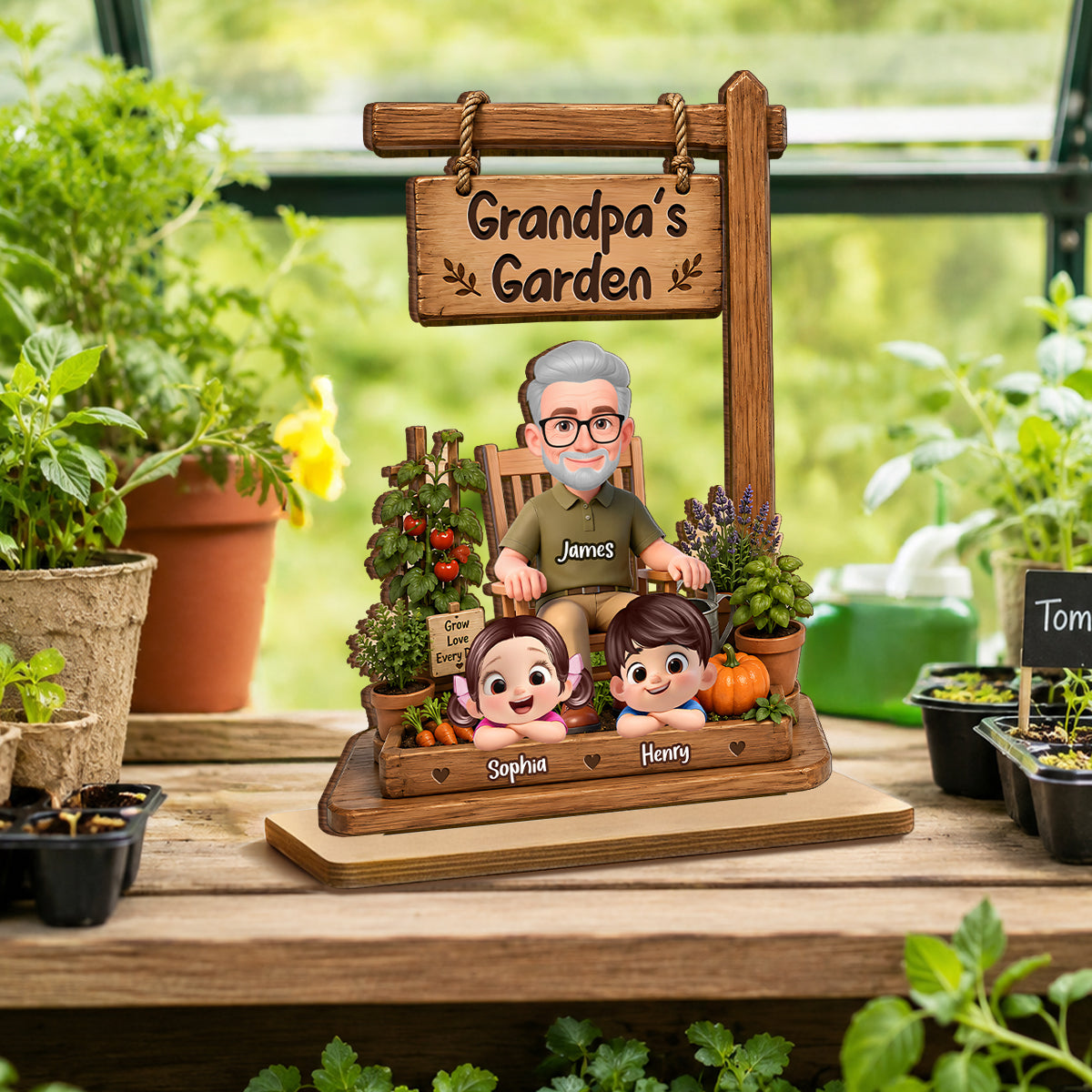 Grandpa's Garden - Personalized 2-Layered Wooden Plaque -  Gift for Dad, Husband