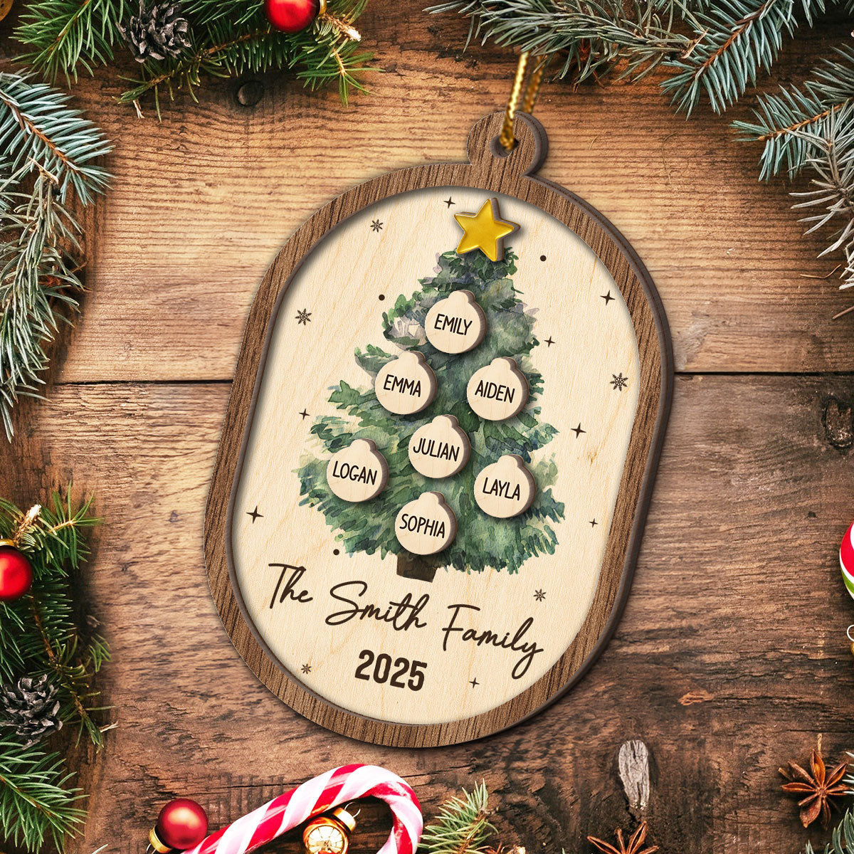 Rustic Watercolor Christmas Tree Family Names - Personalized 2-Layered Wooden Ornament