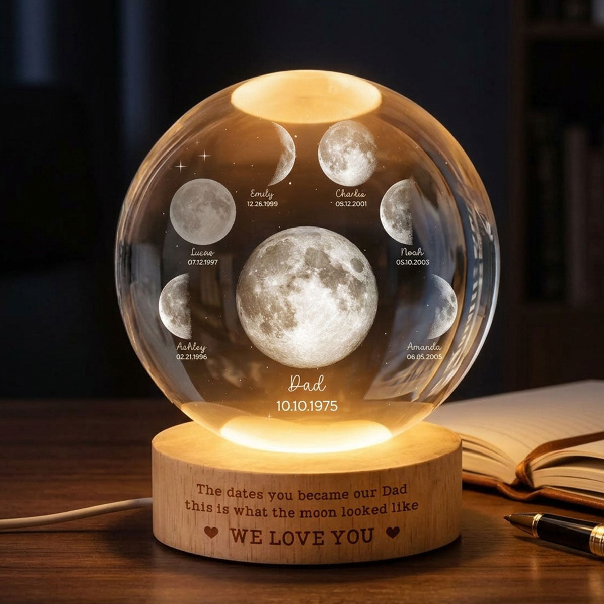 The Date You Became Our Dad - Personalized Crystal Ball LED Night Light - Custom Moon Phase by Date,  Gift for Dad, Husband
