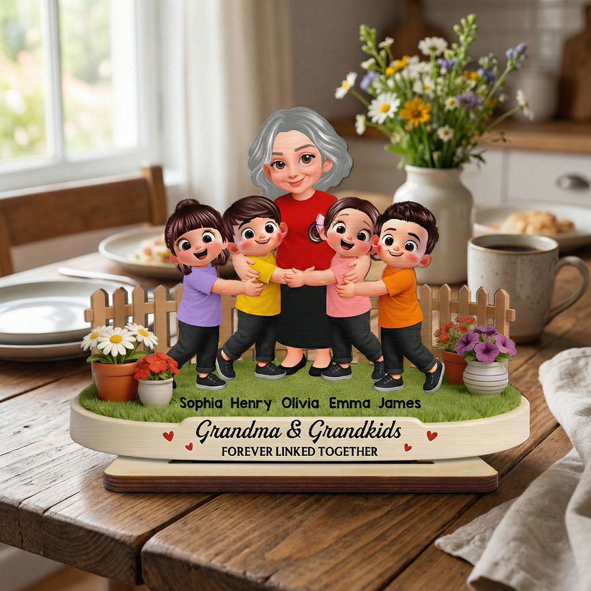 Grandma And Grandkids Happy Together In Backyard - Personalized 2-Layered Wooden Plaque - Gift For Grandma