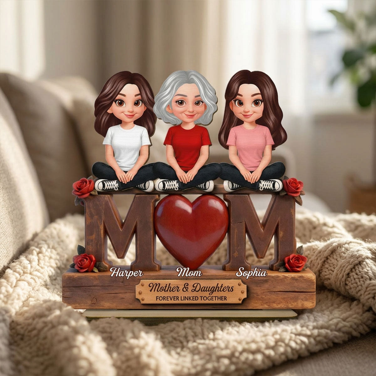 Beautiful Rose Love MOM And Daughters Sons - Personalized 2-Layered Wooden Plaque - Gift For Mom