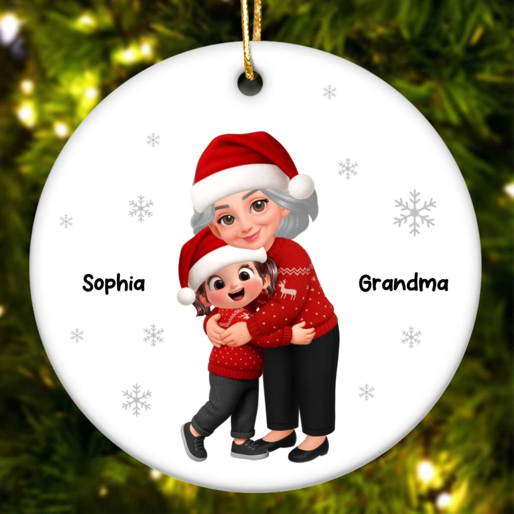 Christmas Grandma Hugging Grandkid - Personalized Ceramic Ornament - Heartwarming Gift For Kids, Grandmas