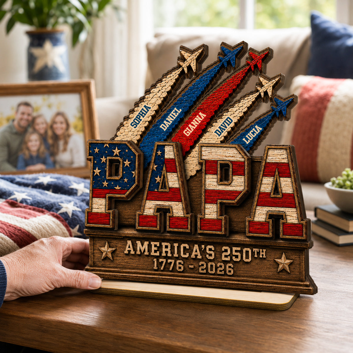 Dad Grandpa Nation Flag American 250th Anniversary - Personalized Wooden Plaque -  Gift For Dad, Grandpa