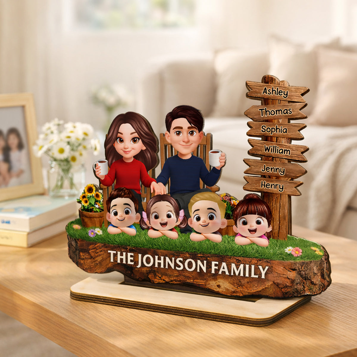 Family Sitting Sign Post - Personalized 2-Layered Wooden Plaque - Heartfelt Rustic Decor, Gift for Mom, Dad