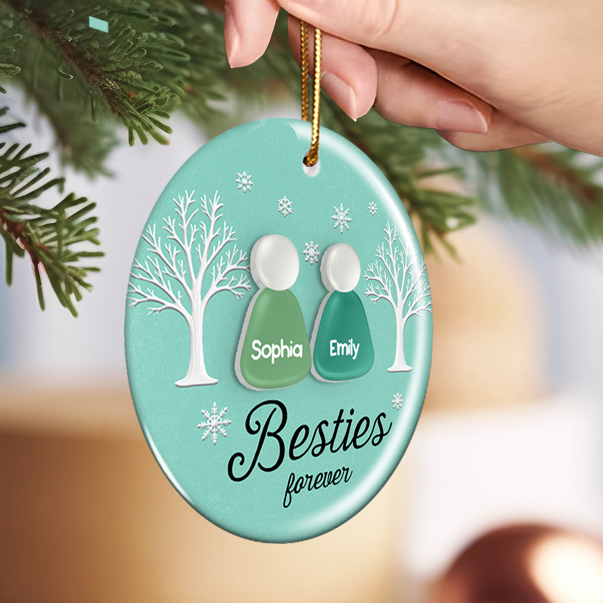 3D Teal Sea Glass Effect Christmas Besties Forever - Personalized Ceramic Ornament With Acrylic Pieces
