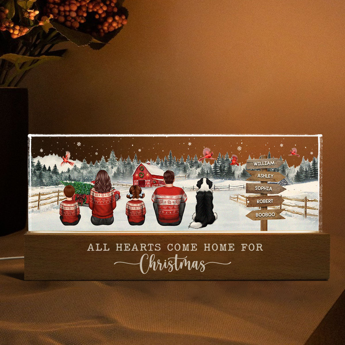 Christmas Family Sitting Truck Red Barn Personalized Acrylic Block LED Night Light