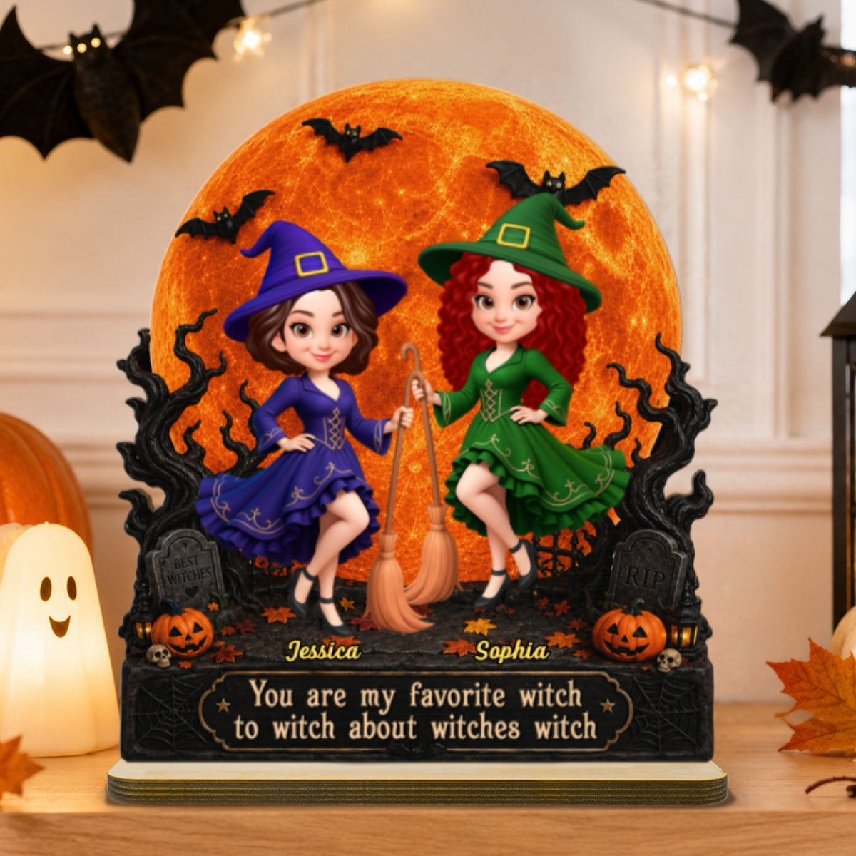 Halloween Witches Besties Moon Light - Personalized 2-Layered Wooden Plaque - Halloween Gift For Best Friends