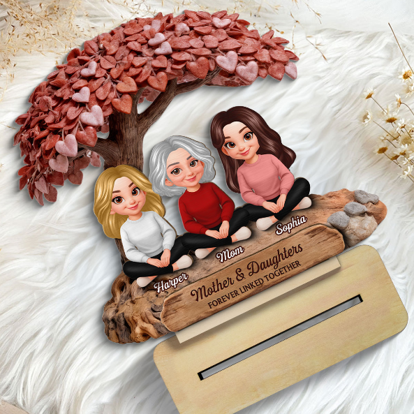Mom And Daughter Son Under Heart Tree - Personalized 2-Layered Wooden Plaque - Mother's Day Gift For Mom