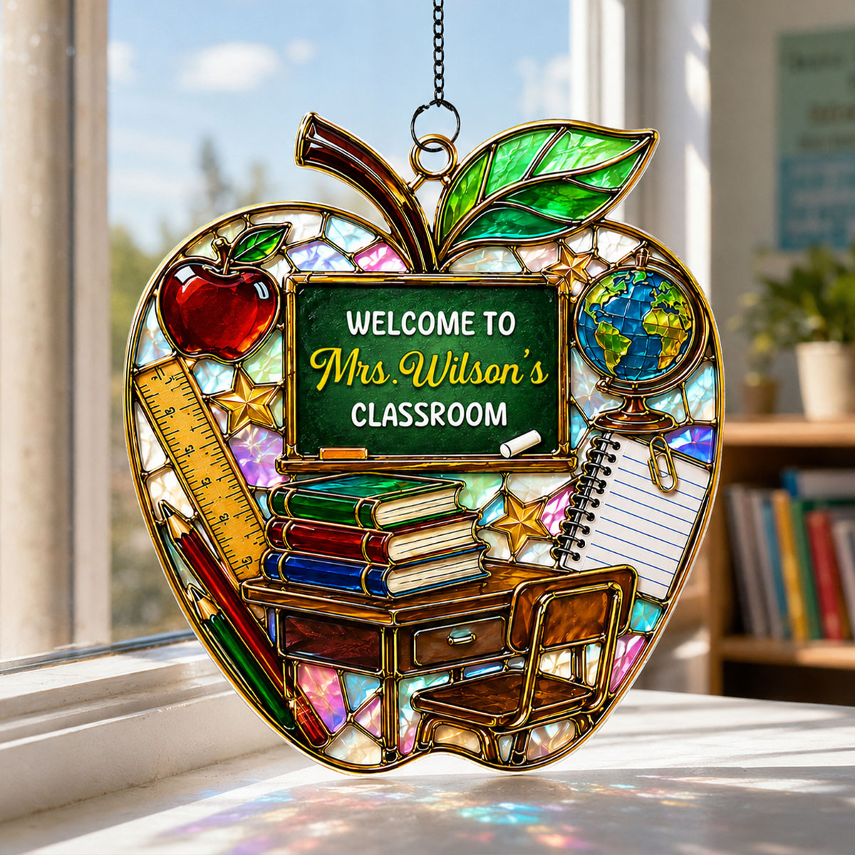Teacher Apple Welcome to Classroom - Personalized Acrylic Suncatcher - Back to School Gift for Teacher, Classroom Decor