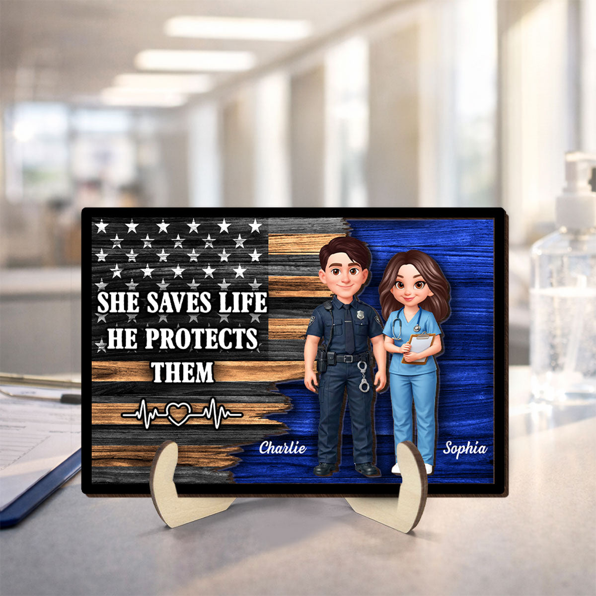 Custom Hero Couple Thin Blue Line Nation Flag - Personalized 2-Layered Wooden Plaque - Heartfelt Gift for Him, for Her