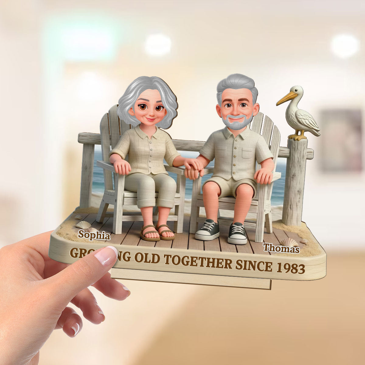 Eternal Love Couple On The Beach Growing Old Together - Personalized 2-Layer Wooden Plaque - Gift For Couple, Gift For Him, For Her