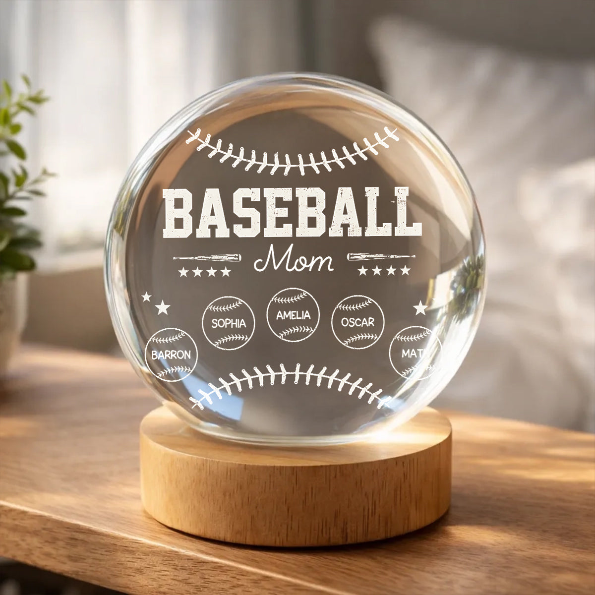 Baseball Mom And Kids Together - Personalized Crystal Ball LED Night Light - Mother's Day Gift For Baseball Mom, Gift For Wife