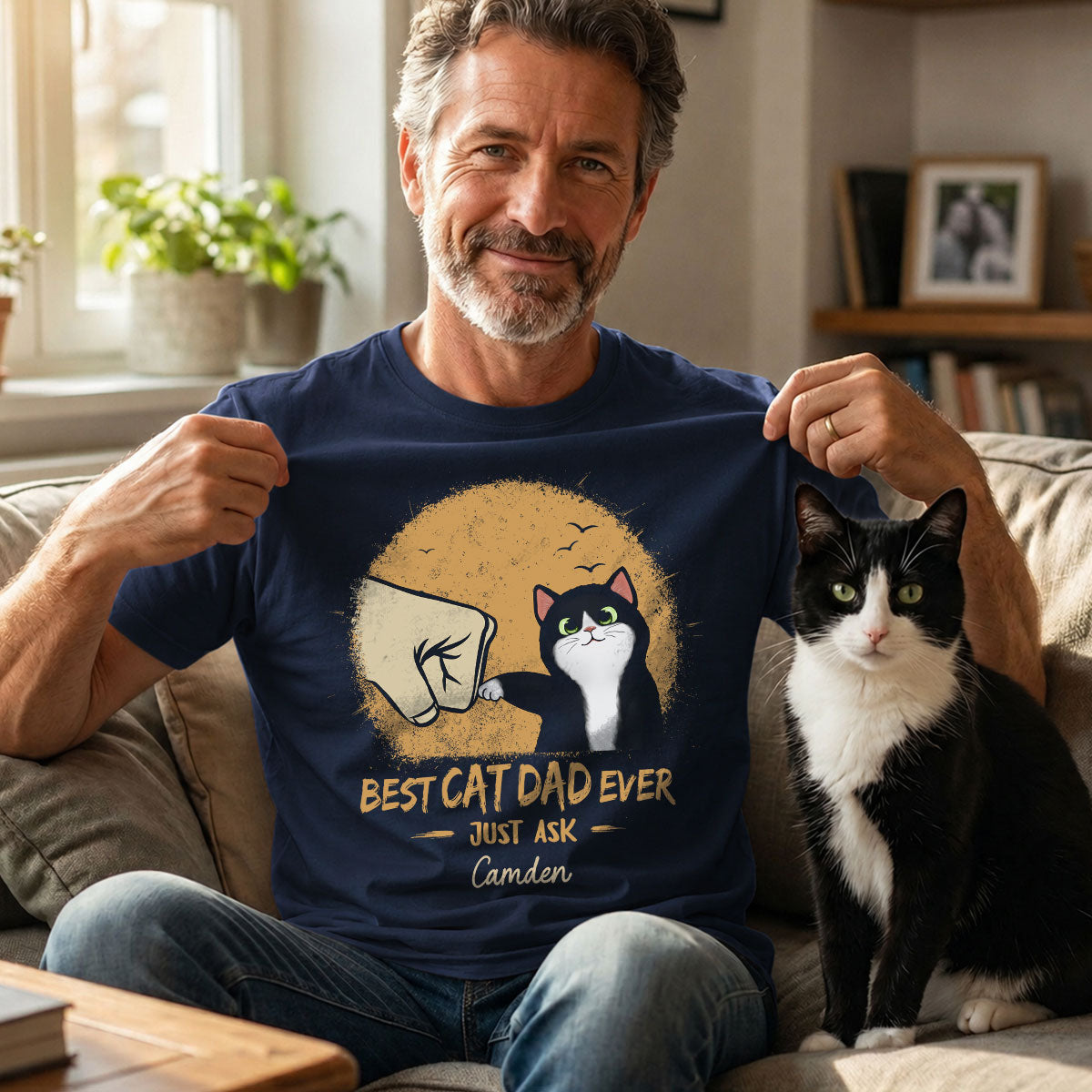Best Cat Dad Ever Yellow Retro - Personalized Shirt - Father's Day Gift for Cat Dads, Husband