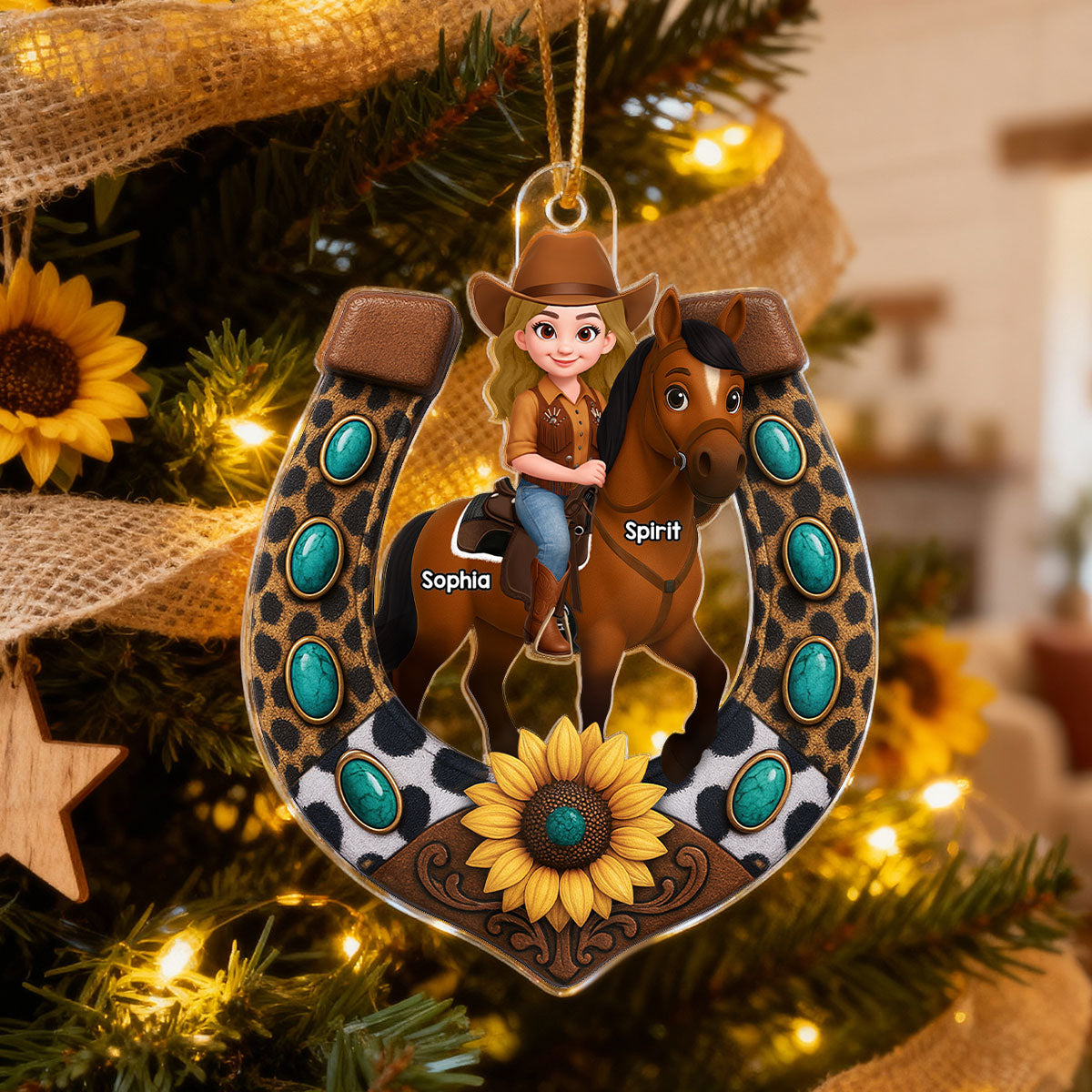3D Effect Cowgirl And Her Horse Horseshoe - Personalized Acrylic Ornament - Christmas Gift
