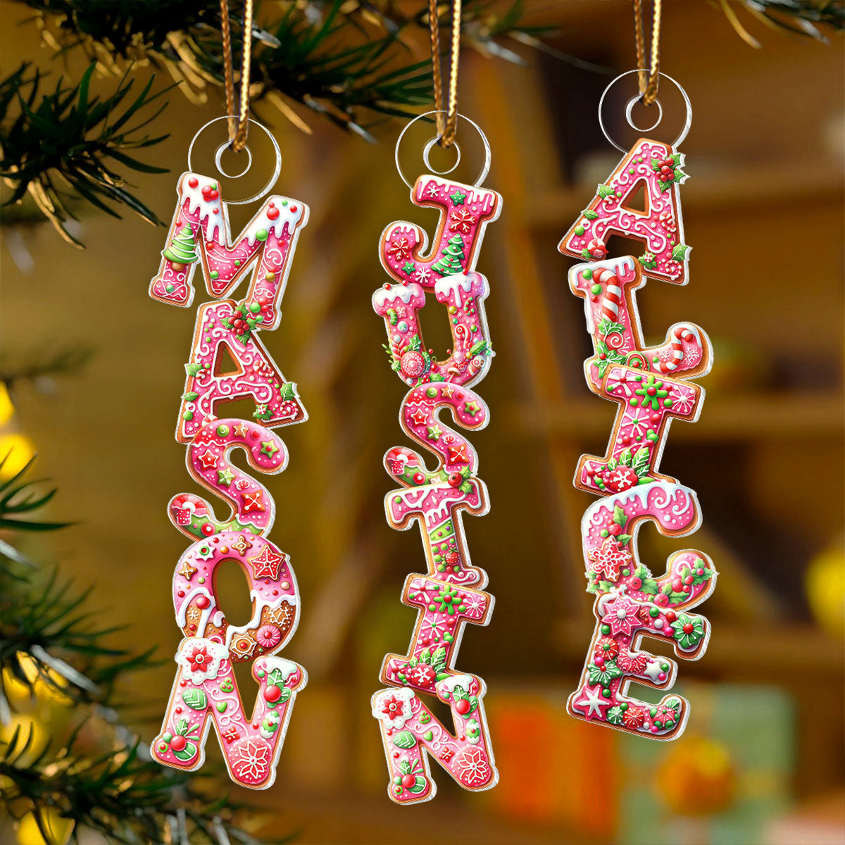Pink Gingerbread Alphabet Custom Name - Personalized Acrylic Ornament - Christmas Tree Decor