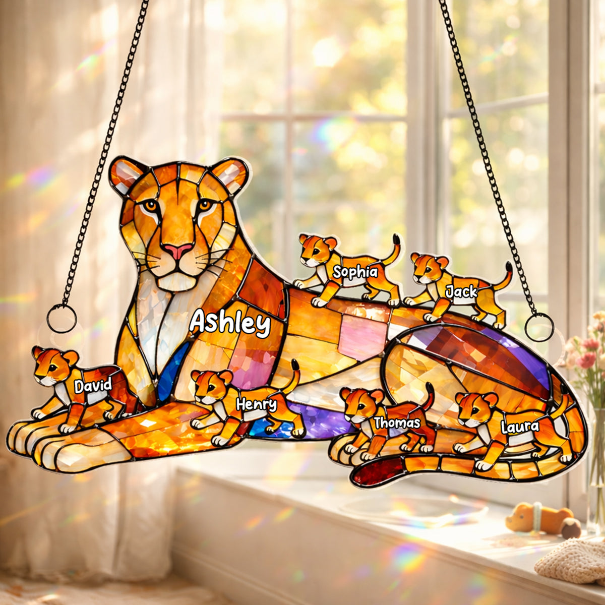 Lion Mom And Kids - Personalized Suncatcher - Gift For Mom, Grandma