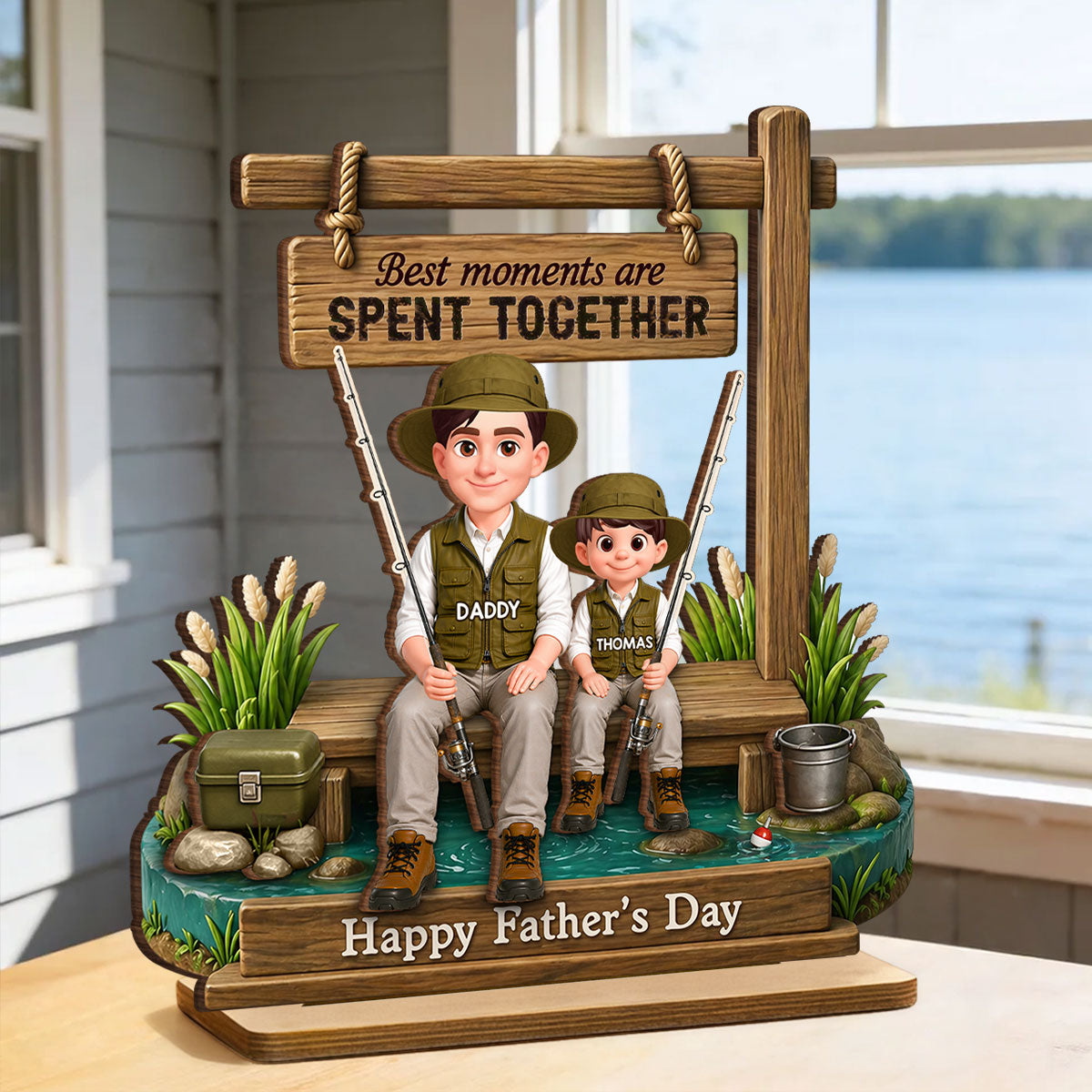 Best Moments Are Spent Together Fishing Dad Kids - Personalized 2-Layered Wooden Plaque - Heartfelt Gift For Fishing Dad, Gift For Husband