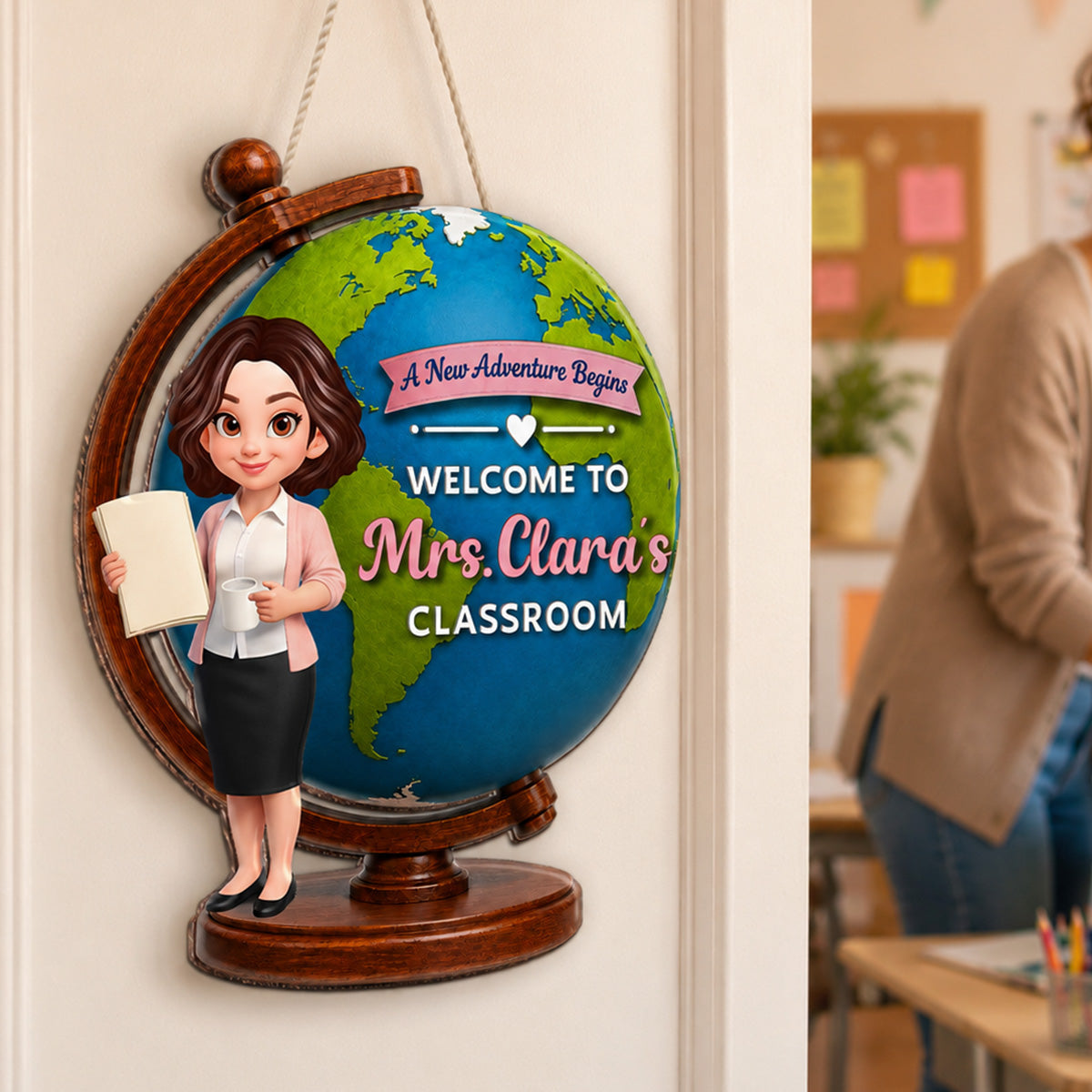 Globe Teacher Welcome - Personalized Door Hanger - Back To School Decoration