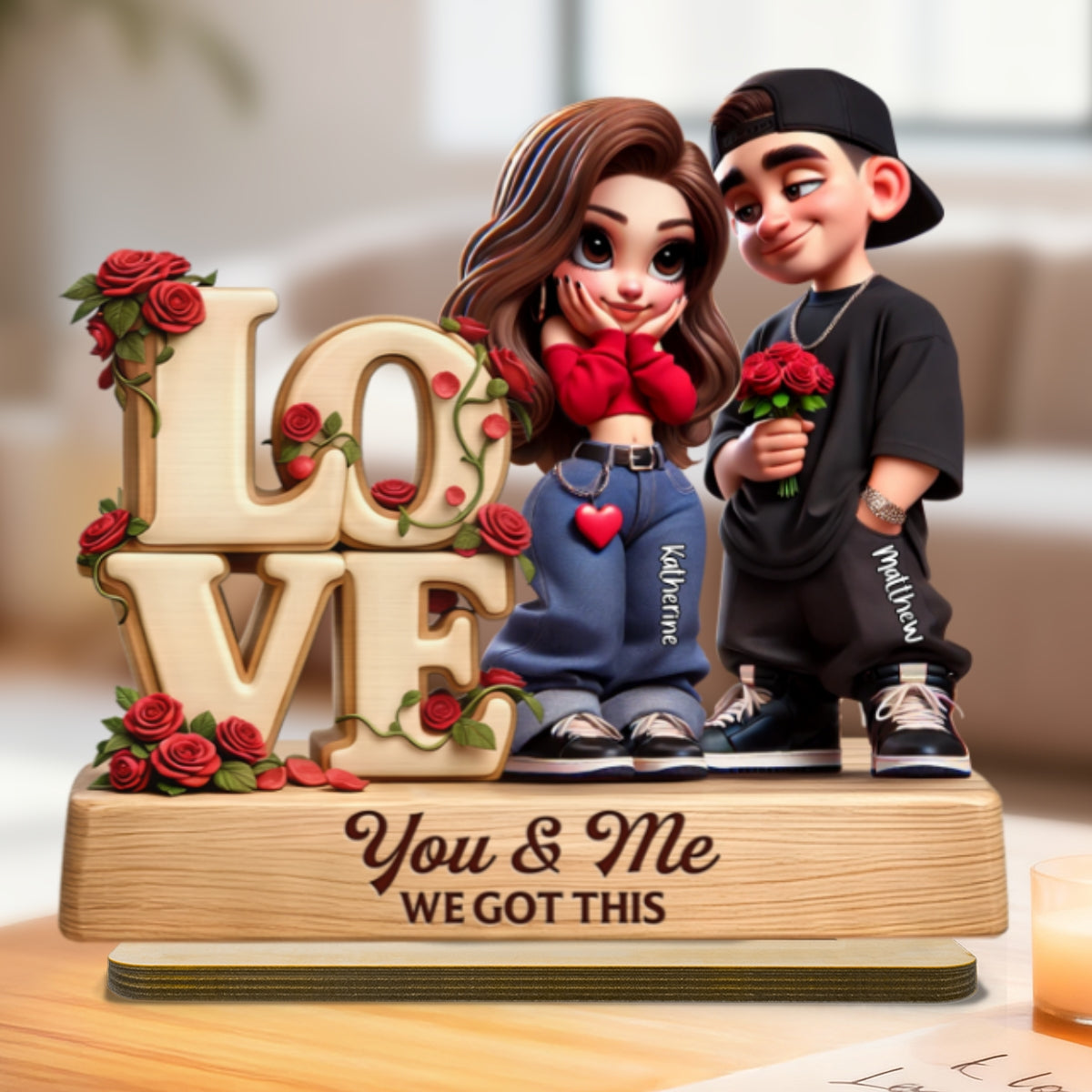Y2K Couple Love Rose - Personalized 2-Layered Wooden Plaque - Valentine's Day Gift For Couple, For Him, For Her, Nurse, Police, Firefighter, Army