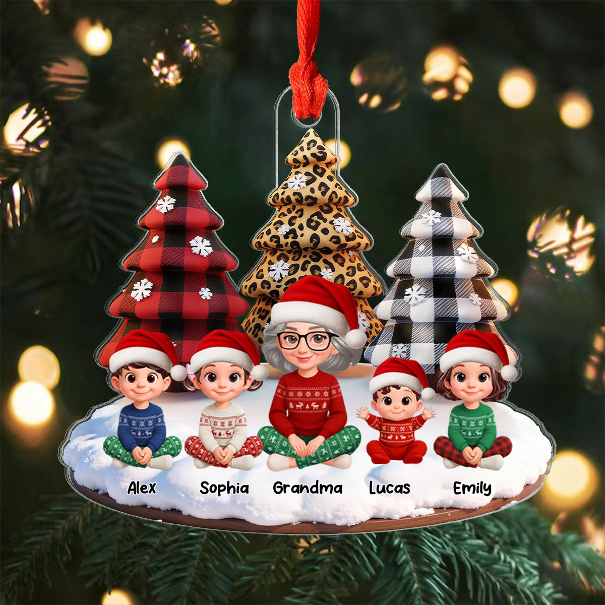 3D Effect Leopard Checkered Pattern Christmas Trees Grandma Grandkids Happy Together - Personalized Acrylic Ornament - Gift For Grandma, Grandkids