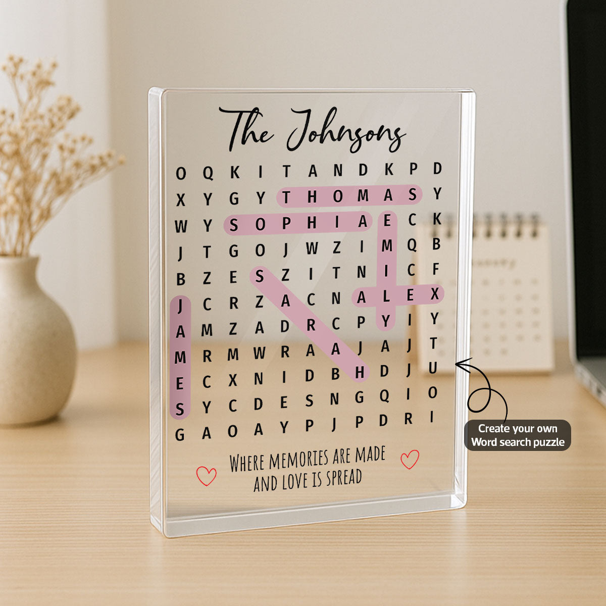 Family Name Word Search Puzzle Created In A Moment, Treasured Forever - Personalized Acrylic Block Plaque
