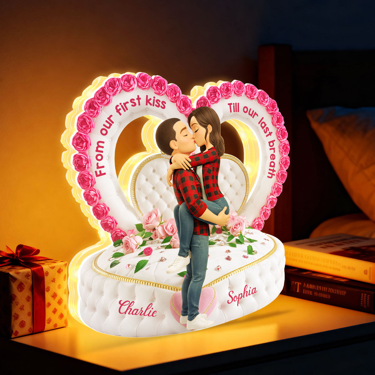 Romantic Heart-Shaped Headboard with Roses - Personalized Light Box - Heartfelt Valentine's Day Gift for Her, for Him
