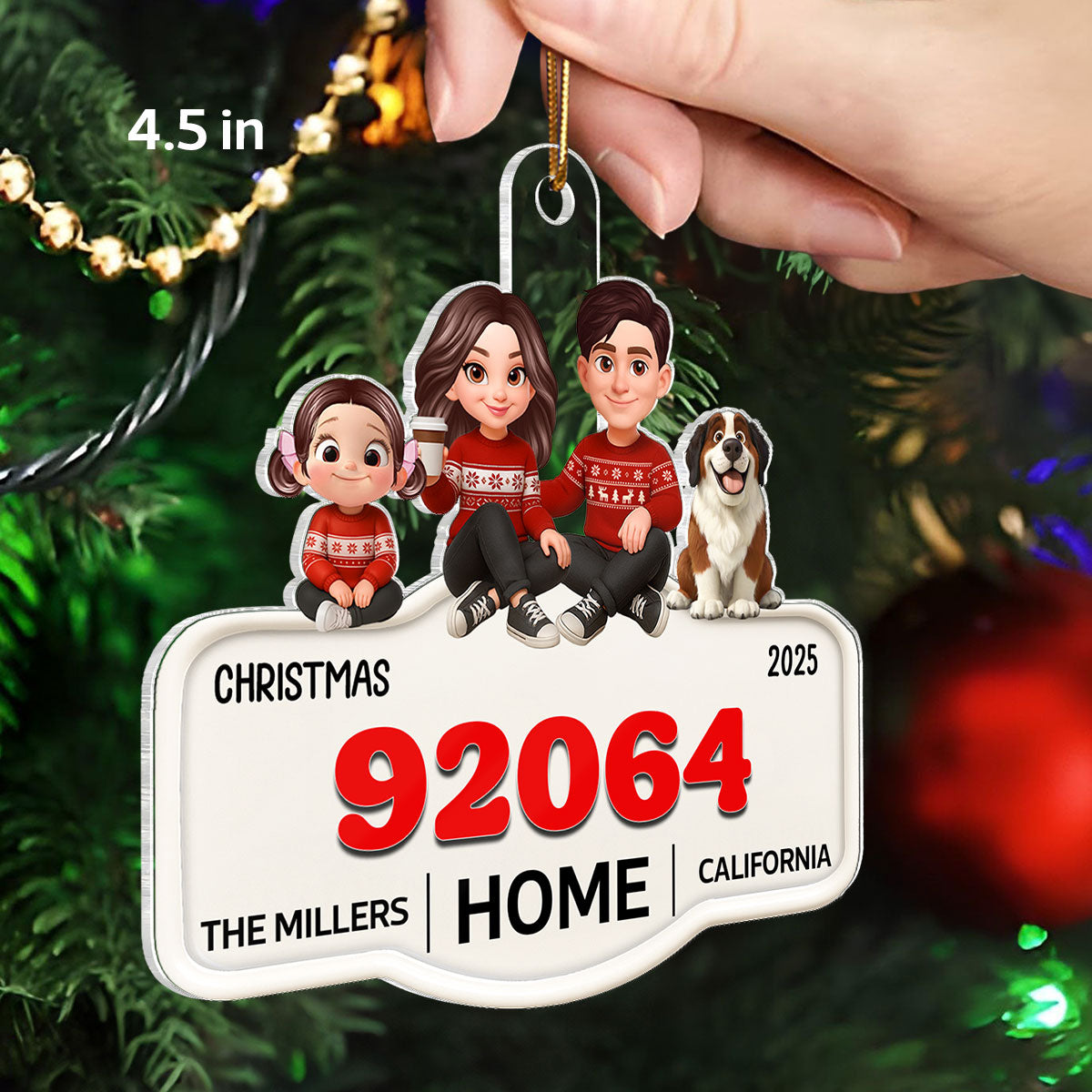 3D Effect No Place Like Home Cartoon Family Sitting Zip Code - Personalized Acrylic Ornament