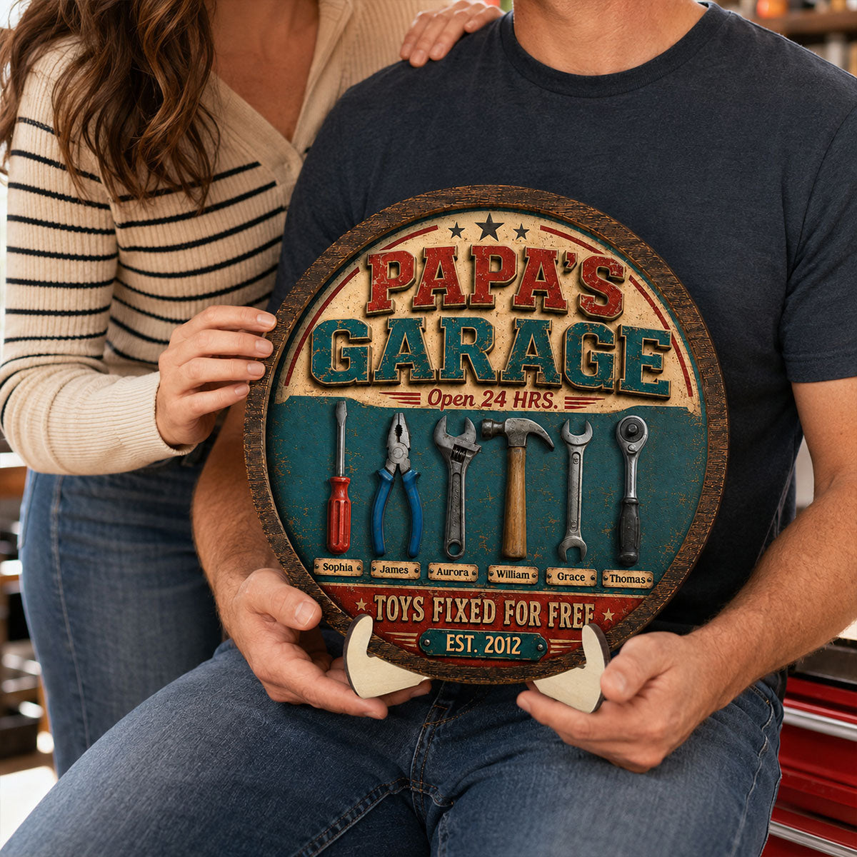 Papa Dad's Garage Toys Fixed For Free Custom Kid Name 2D Flat - Personalized 2-Layered Wooden Plaque -  Gift For Mechanic Dad, Grandpa