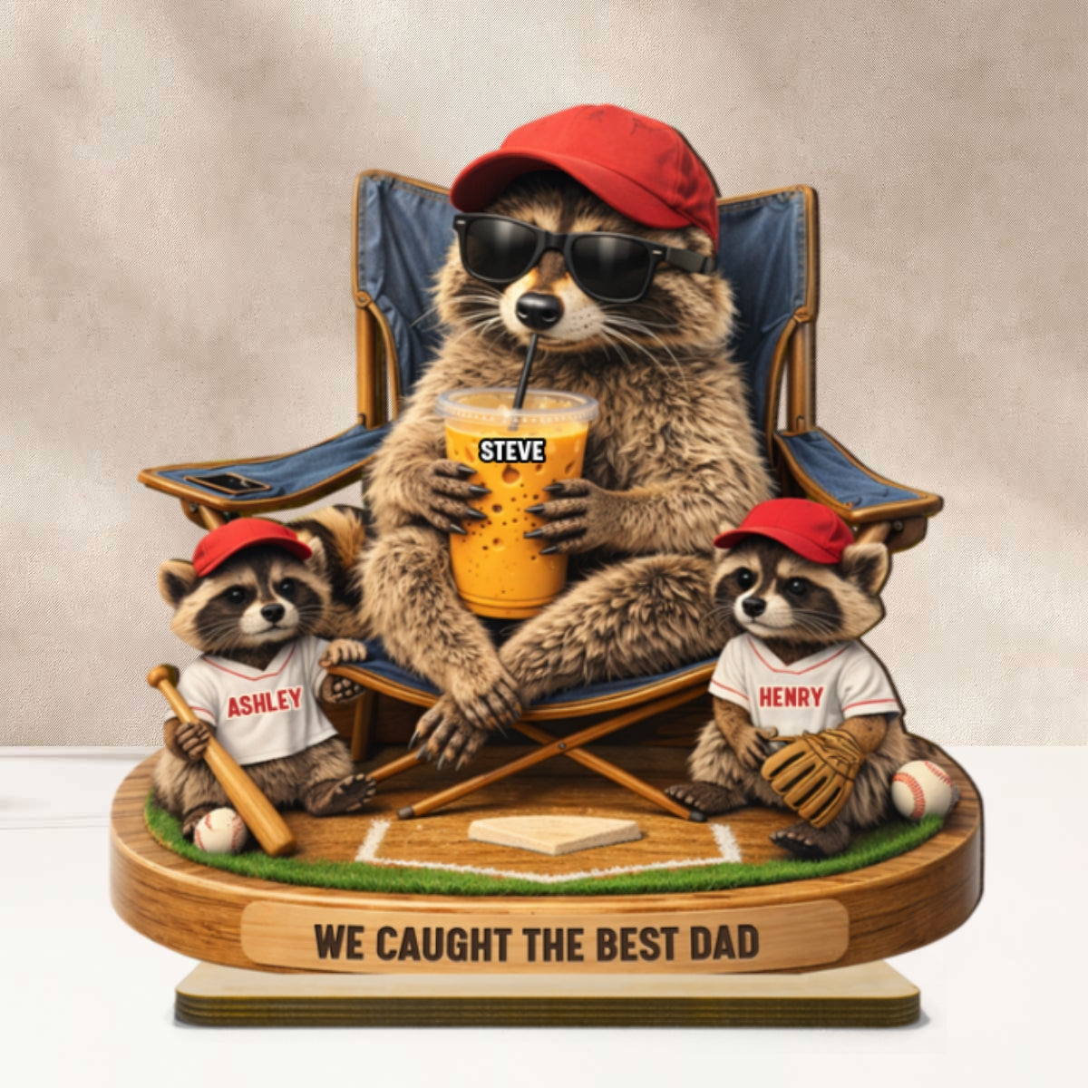 Raccoon We Caught the Best Dad - Personalized 2-Layered Wooden Plaque - Mother's Day Gift for Dad, Husband