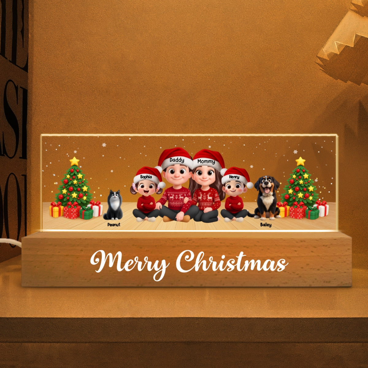 Merry Christmas Family Sitting - Personalized Acrylic Block LED Night Light - Custom Family with Pets, Holidays Gift for Husband, Wife