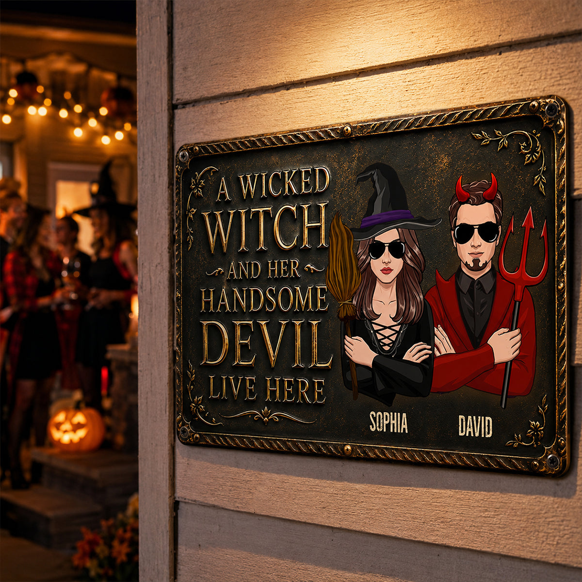 A Wicked Witch and Her Handsome Devil Live Here - Personalized Metal Sign - Halloween Decor for Couples