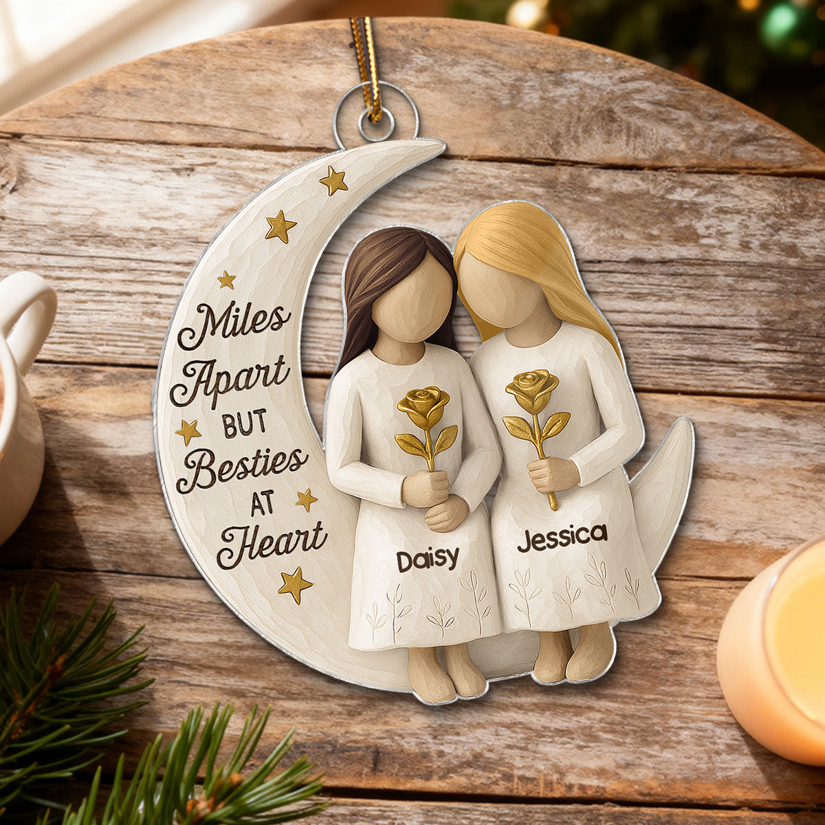 3D Effect Wooden Texture Stars Besties On Moon - Personalized Acrylic Ornament - Christmas Gift For Best Friends