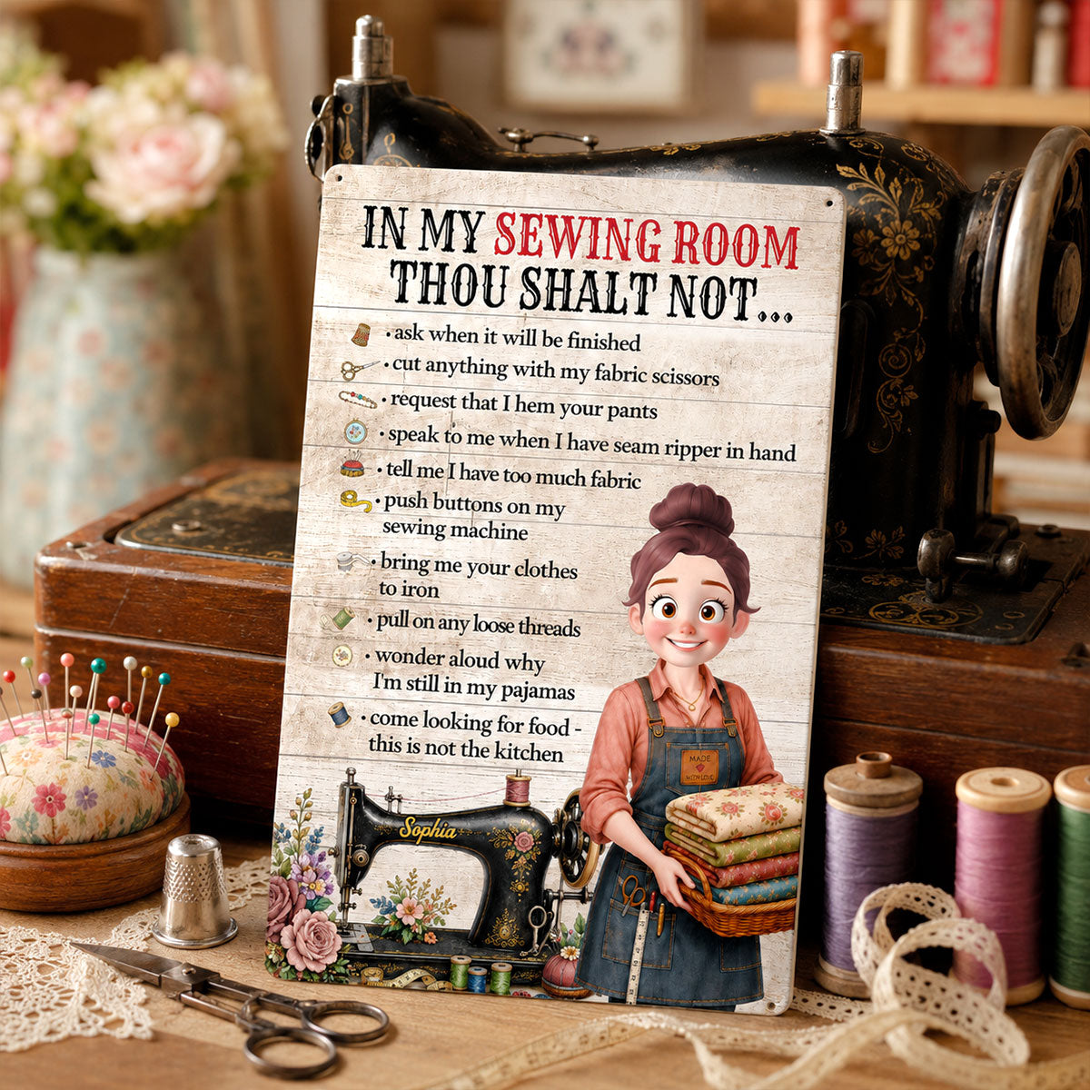My Sewing Room Rules Sewing Girl - Personalized Metal Sign - Craft Room Decor