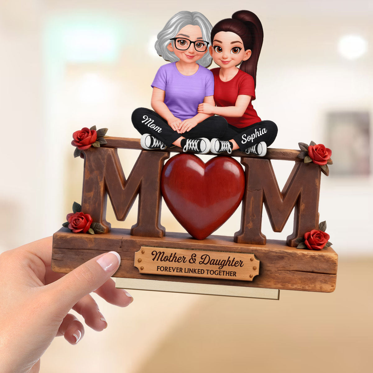 Rose MOM And Daughter Forever Linked Together - Personalized 2-Layered Wooden Plaque - Gift For Mom