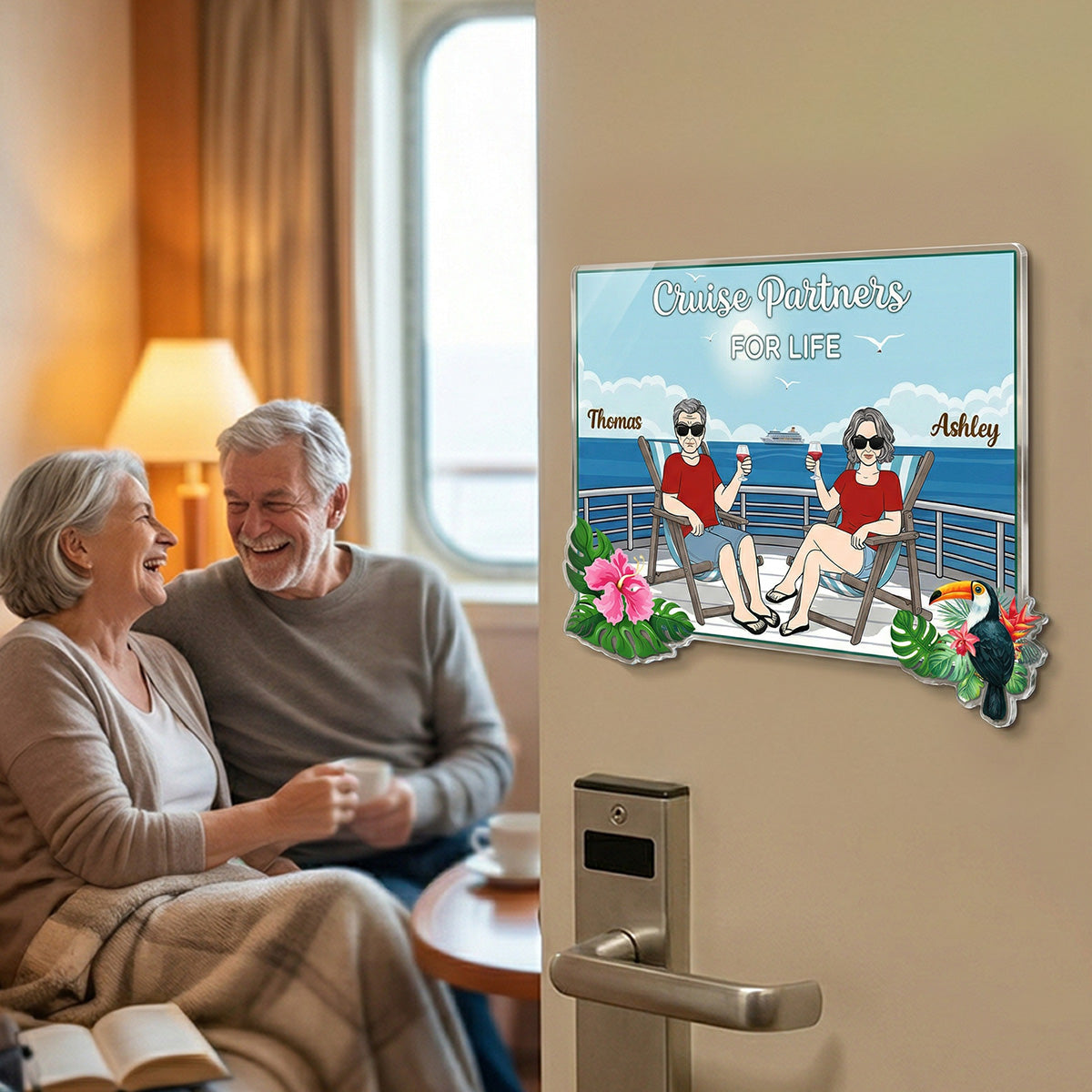 We're In Cruise Mode Old Couple Sitting Cruise Deck - Personalized Cruise Cabin Door Magnet